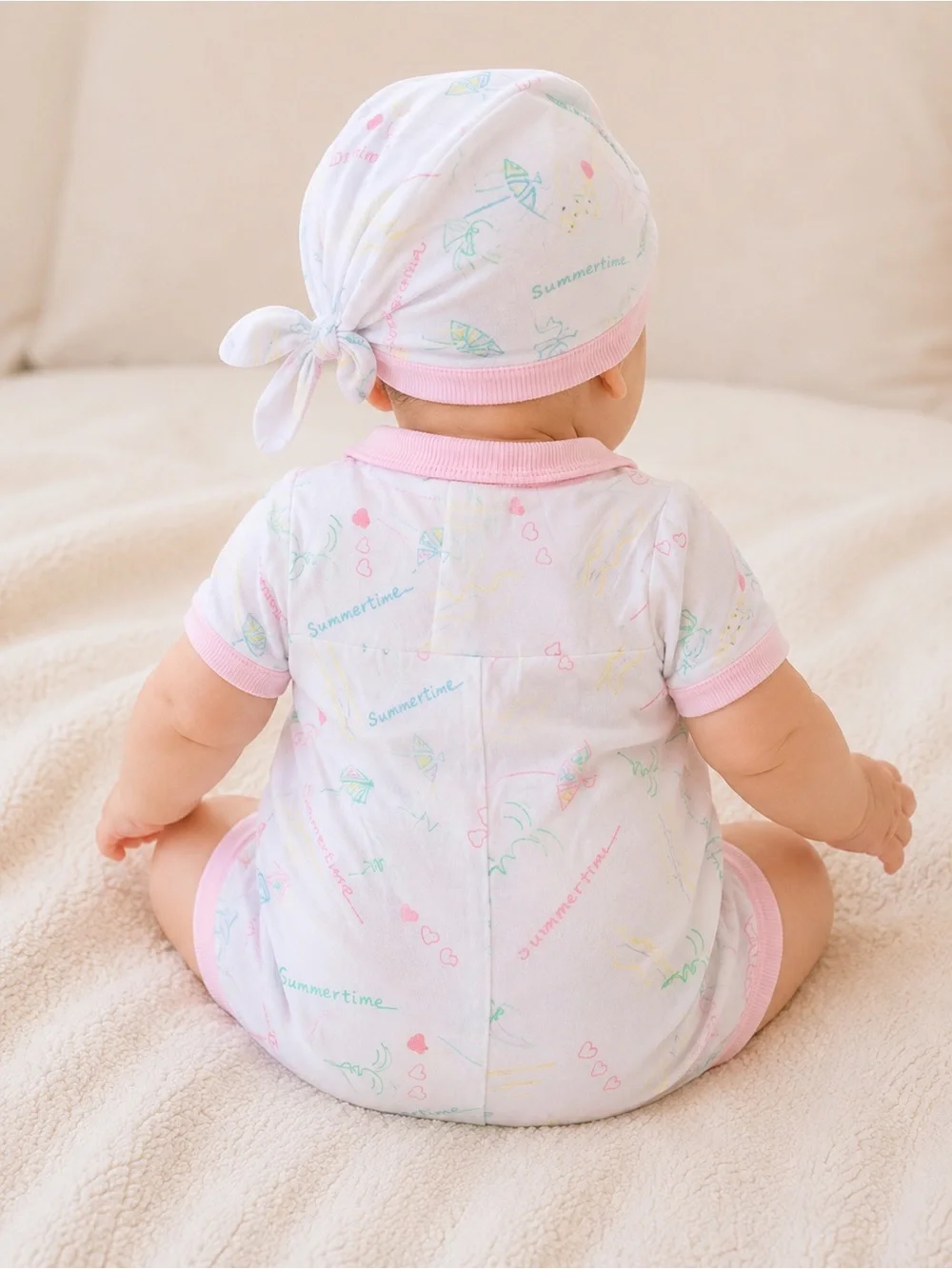 HAPPY KIDS Summer Beach Outfit 3 Pc Bubble Romper Bib Hat Baby Girl 6-9 Months